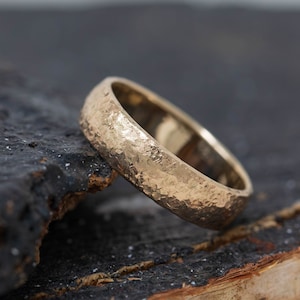 Ruptus Ring, 5mm Wide, in 9ct Yellow Gold, Rustic, Chunky, Unconventional Gold Wedding Ring, Handmade Indented Gold Ring, Unisex Gold Ring