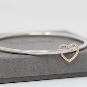 Sterling Silver Bangle w 9ct Gold Heart Charm, Sterling Silver Bangle with Heart Charm, Heart Bangle, Heart Charm, Valentine&#39;s Day Gift