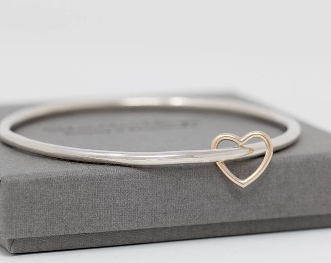 Sterling Silver Bangle w 9ct Gold Heart Charm, Sterling Silver Bangle with Heart Charm, Heart Bangle, Heart Charm, Valentine's Day Gift