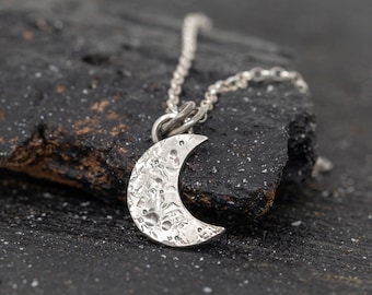 Luna Nova New Moon Necklace, Hand Embossed Sterling Silver Pendant, Rustic Delicate Crescent Necklace, Minimalist Lunar Jewelry