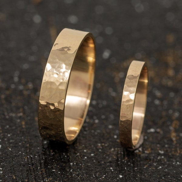 Gold Textured Wedding Ring Set, Gold Wedding Bands, Handmade Wedding Rings, Matching Couple Rings, Hammered Gold Rings, Couple Gold Rings