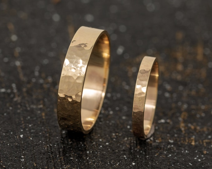 Gold Textured Wedding Ring Set, Gold Wedding Bands, Handmade Wedding Rings, Matching Couple Rings, Hammered Gold Rings, Couple Gold Rings