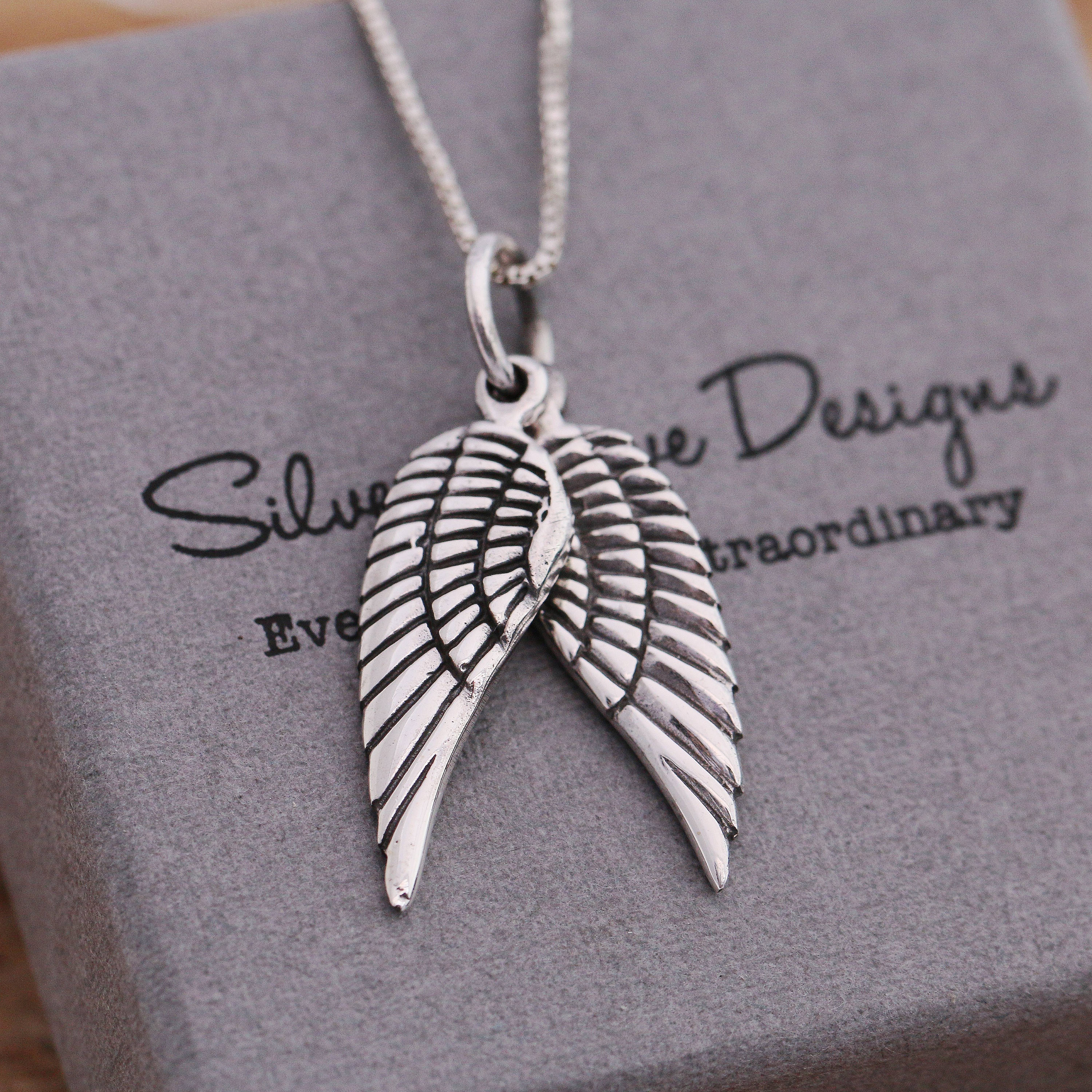 Sterling Silver Embraced Angel Wings Pendant Necklace, Angel Wing