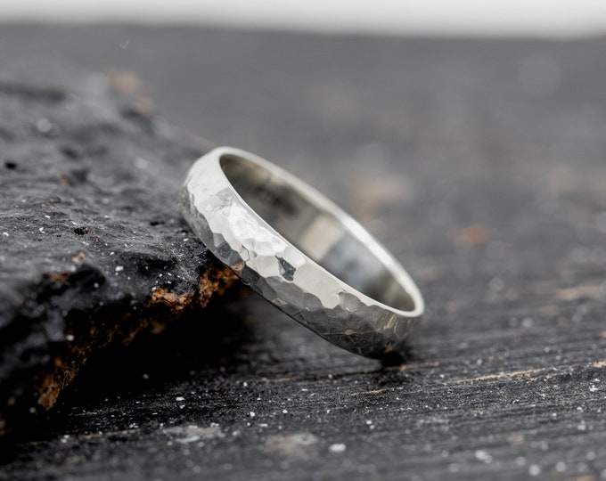 Speculum Vitae Ring, 4mm Wide, 9ct White Gold, D Shape Profile, Handmade Wedding Ring, Chunky White Gold Wedding Ring, Handcrafted Wedding