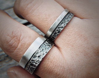 Contrarium Ring Set, 6mm+10mm, Sterling Silver, Handmade Rustic Textured Rings, Handforged, Rustic Wedding Rings