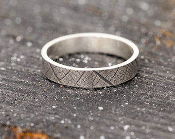 Subtextus Ring, in Sterling Silver, 4mm Wide, Light Oxidised Effected, Leaf Skeleton Patterend Ring, Nature Inspired, Minimamlist, Artisan