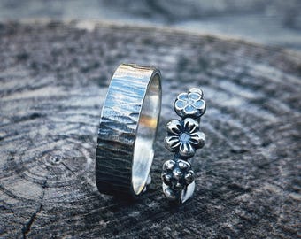 Viretus et Corolla Ring Set, Sterling Silver Wedding Rings, Tree Bark and Flower Wreath Bands, Nature Inspired Couple’s Rings, Handcrafted