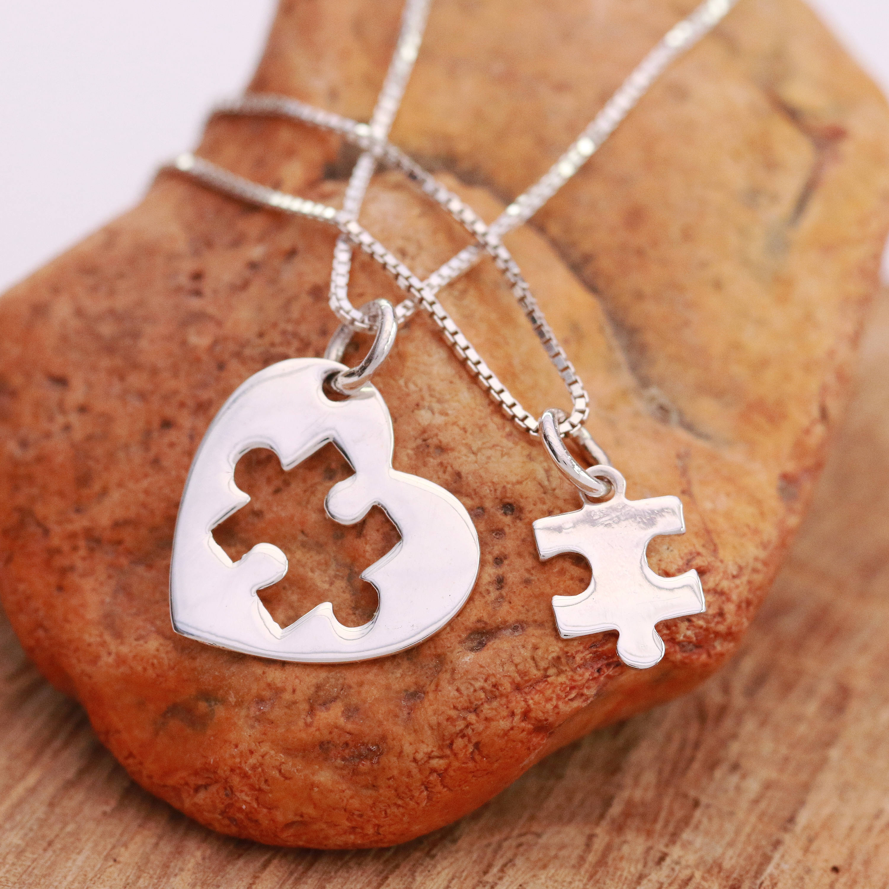 Set of Sterling Silver Heart Puzzle Necklaces, Silver Puzzle Necklace