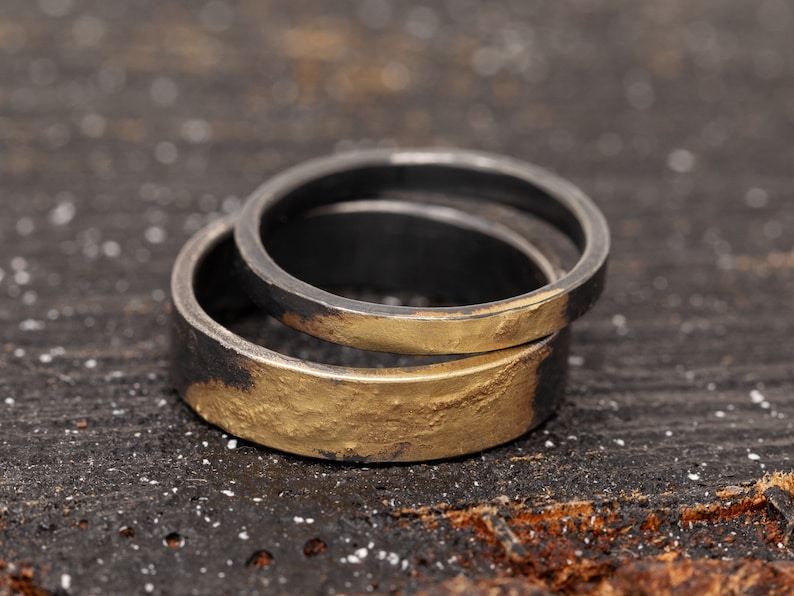 Sterling Silver & 24K gold Keum Boo Ring Set, Matching Rings, Unique Wedding Ring Set, Handmade Wedding Bands, Promise Ring Set image 2