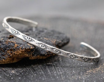 Mesa Spirit Cuff, Sterling Silver, 3MM, Hand Stamped Evil Eye Cuff Bangle, Navajo Patterned Cuff, Talisman Cuff, Adjustable, Gift for Her