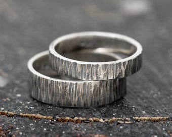 Viretus Ring Set, 4mm & 6mm, Sterling Silver Bark Textured Wedding Rings, Handcrafted Woodland Rings, Organic Couple’s Rings