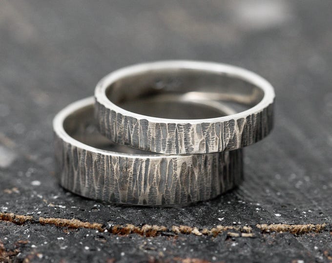 Viretus Ring Set, 4mm & 6mm, Sterling Silver Bark Textured Wedding Rings, Handcrafted Woodland Rings, Organic Couple’s Rings