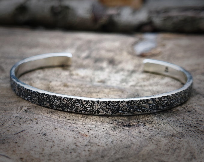 Fissio Cuff, 5mm Wide, in Solid Sterling Silver, Rustically Textured Cuff, Handforged, Unique Cuff Bracelet, Organic, Unisex, Gift for Her