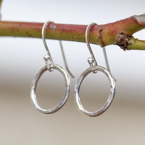 May include: A pair of silver hoop earrings with a hammered texture. The earrings are hanging from a branch.