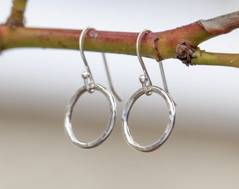 Sterling Silver Circle Earrings, 12mm Loop Design, Hand-Embossed Lightweight Earrings for Everyday Wear