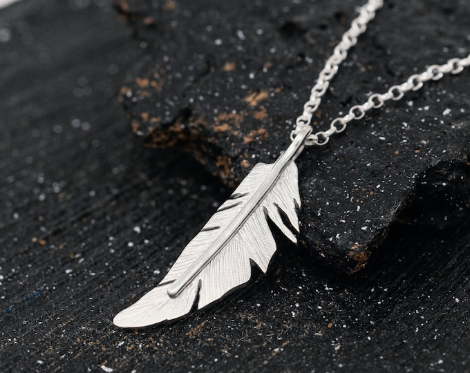 Handmade Sterling Silver Angel Feather Pendant Necklace, 3D Small Silver Feather Necklace, Angel Feather Necklace, Gift for Her