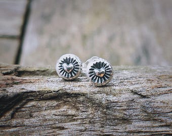 Radiant Heart Earrings, Sterling Silver, 5mm Across, Heart and Rays, Southwest, Handmade, Navajo, Hwart Stud Earrings, Gift for Her