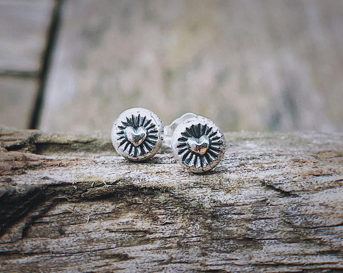Radiant Heart Earrings, Sterling Silver, 5mm Across, Heart and Rays, Southwest, Handmade, Navajo, Hwart Stud Earrings, Gift for Her