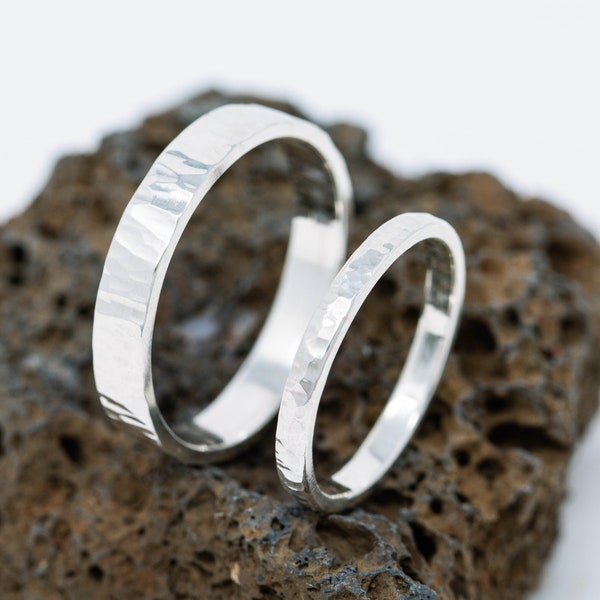 Ensemble de bague de mariage en argent sterling, bandes de mariage en argent sterling à fossettes étroites, son et son ensemble de bague de mariage, ensemble de bande de mariage en argent sterling