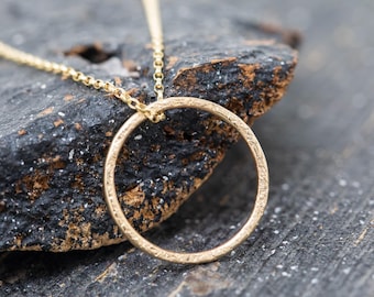 Stellar Circle Necklace, 9ct Yellow Gold, Textured 17mm Pendant, Handmade, Minimalist, Delicate Celestial Jewelry