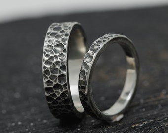 Handmade Oxidized Sterling Silver Wedding Band Set: Rustic Carved Rings