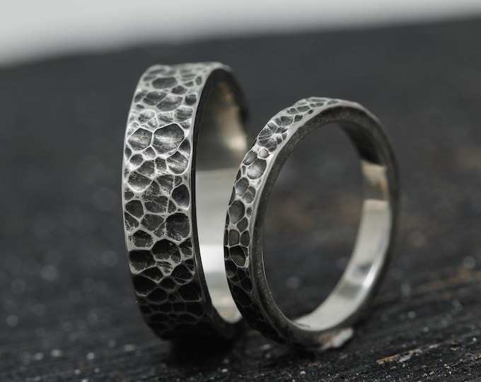 Aeterna Memoria Ring Set, Sterling Silver, 3mm and 6mm Wide, Rustic Wedding Bands Set, Black Couples Rings, Handmade, Made to Order