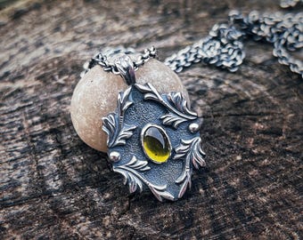 Lumen Viridis Pendant – Sterling Silver and Olive Peridot Necklace, Baroque Leaf Pendant, Handmade Green Gemstone Necklace, Elven Jewellery