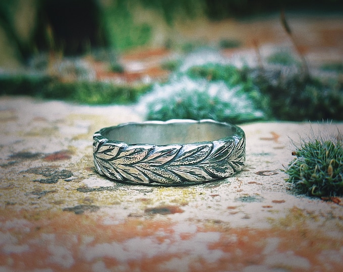 Olea Ring, Sterling Silver Olive Twig Wedding Ring, Subtle Unisex Promise Ring, 5mm Wide Band, Handmade Nature Inspired Ring