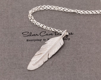 Handmade Sterling Silver Angel Feather Pendant Necklace, 3D Large Bird Feather Necklace, Hand Forged Angel Feather Charm, Gift for Her