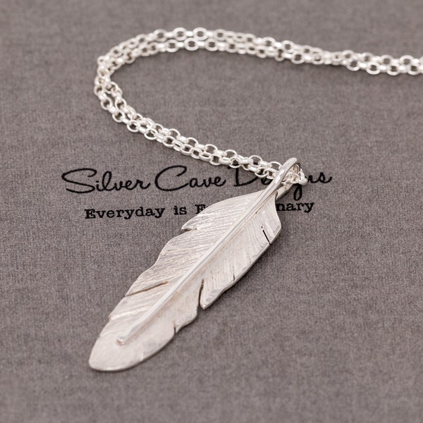 Handmade Sterling Silver Angel Feather Pendant Necklace, 3D Large Bird Feather Necklace, Hand Forged Angel Feather Charm, Gift for Her