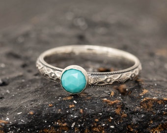 Sterling Silver Floral Ring with Turquoise, December Birthstone Ring, Handmade Birthstone Ring, Faceted Turquoise Ring, Gift for Her