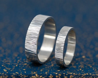 Vetustas Ring Set in Sterling Silver, Hand-Textured 4mm & 6mm Wedding Bands, Rustic Matching Rings, Unique Silver Promise or Heirloom Rings