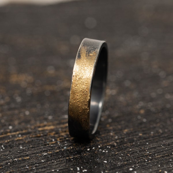 4MM Sterling Silver & 24K Gold Keum Boo Rustic Ring, Mens Rustic Band , Unique Wedding Ring, Promise Ring, Gift for Him, Gift for Her