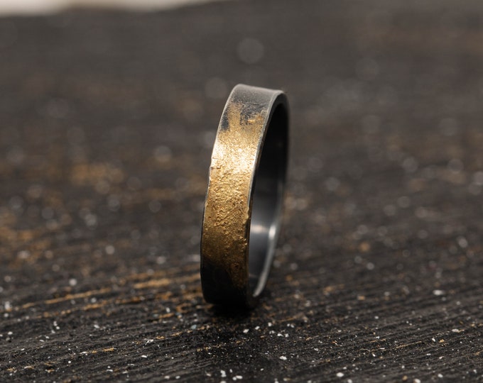 4MM Sterling Silver & 24K Gold Keum Boo Rustic Ring, Mens Rustic Band , Unique Wedding Ring, Promise Ring, Gift for Him, Gift for Her