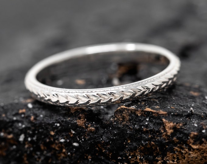 Ceres Ring, in 9ct White Gold, 2.5mm Wide, Handcrafted White Gold Wheat Patterned RIng, White Gold Wedding Ring, Simple, Sleek