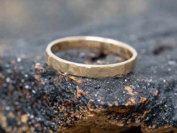 Ictus Ring, 2mm Wide, 9ct Yellow Gold, Minimalist Wedding Ring, Handforged, Handmade Slim Yellow Gold Ring, Women's Wedding Ring