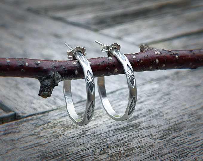 Sterling Silver Half Loop Earrings, Hand Stamped, Navajo, Leaf Pattened, Southwesten, 2.5mm Thick, Gift for Her