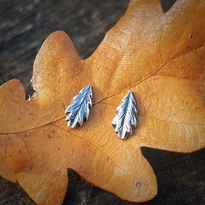May include: A pair of silver-colored leaf-shaped earrings rest on a large, dried, orange-brown oak leaf. The earrings have detailed veining and a textured surface, reflecting light. The background is blurred, suggesting a natural setting.