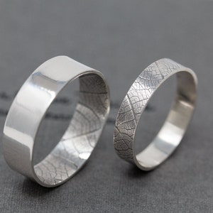 Subtextus-ringset, sterlingzilver, 4 mm en 6 mm breed, handgemaakte bladpatroon trouwringen, op de natuur geïnspireerd, symbolische ring voor koppels