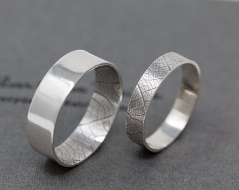 Subtextus Ring Set, Sterling Silver, 4mm and 6mm Wide, Handmade Leaf Pattern Wedding Rings, Nature Inspired, Symbolic Couples Ring