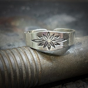 Sterling Silver Lotus Flower Ring: Hand Stamped Adjustable Floral Ring