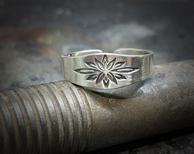 Sterling Silver Lotus Flower Ring, Open Ended Ring, Floral Ring, Hand Stamped Ring, Adjustable Silver Ring, Gift for Her