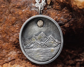 Sterling Silver and Gold Detailed Landscape Pendant Necklace, Summit and Moon Necklace, Miniscape Necklace, Gift for Her, OOAK Necklace