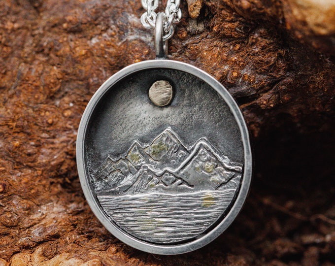 Sterling Silver and Gold Detailed Landscape Pendant Necklace, Summit and Moon Necklace, Miniscape Necklace, Gift for Her, OOAK Necklace