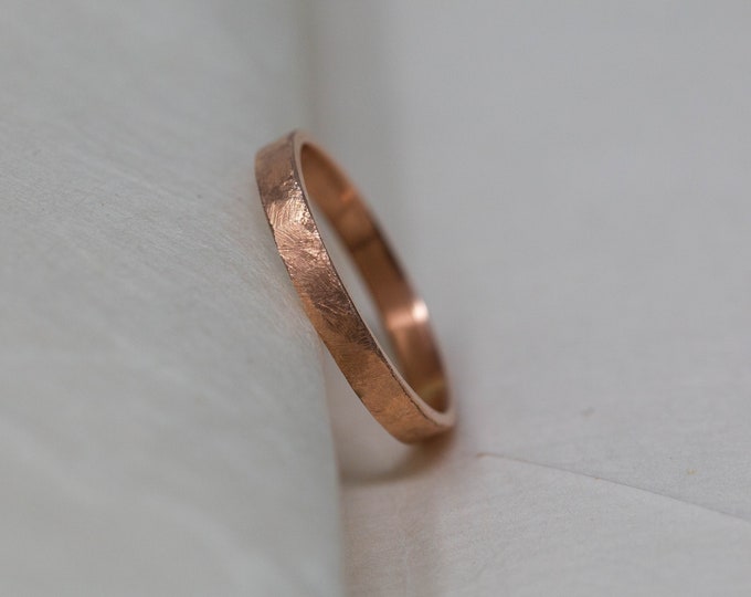 Ictus Ring, 2mm Wide, 9ct Rose Gold, Minimalist Wedding Ring, Handforged, Handmade Slim Rose Gold Ring, Women's Wedding Ring