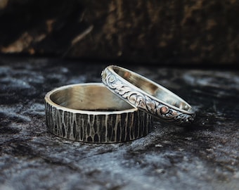 Quiet Union Wedding Ring Set, Sterling Silver Textured Bands, Nature Inspired His and Hers Rings, Rustic Wedding Rings