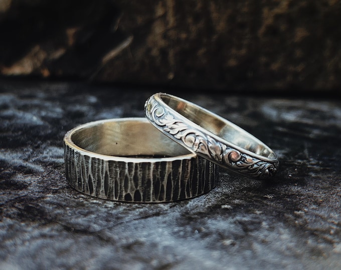 Quiet Union Wedding Ring Set, Sterling Silver Textured Bands, Nature Inspired His and Hers Rings, Rustic Wedding Rings