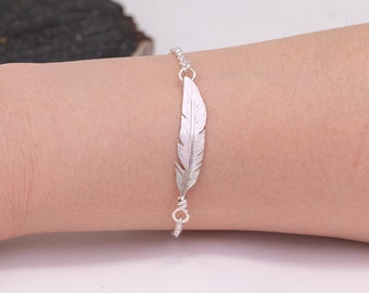 Sterling Silver Angel Feather Bracelet, Handmade Feather Charm Bracelet, Hand Forged Feather Jewelry, Simple Bracelet, Gift for Her