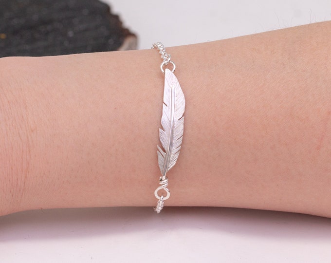 Sterling Silver Angel Feather Bracelet, Handmade Feather Charm Bracelet, Hand Forged Feather Jewelry, Simple Bracelet, Gift for Her