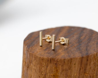 Parvus Stud Earrings, 9ct Yellow Gold Dainty Bar Stud Earrings, Minimalist Square Bar Earrings, Simple Geometric Earrings, Gift for Her